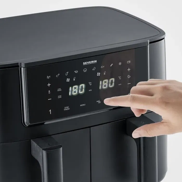Severin FR2463 - Friteuse sans huile Airfryer, 8L double cuve, 10 programmes, 2600W, température réglable 200°C, maintien au chaud, nettoyage facile