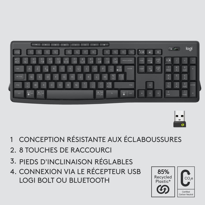 Logitech MK370 - Combo clavier et souris sans fil pour entreprise, clavier résistant aux éclaboussures et souris silencieuse avec connectivité USB/BT