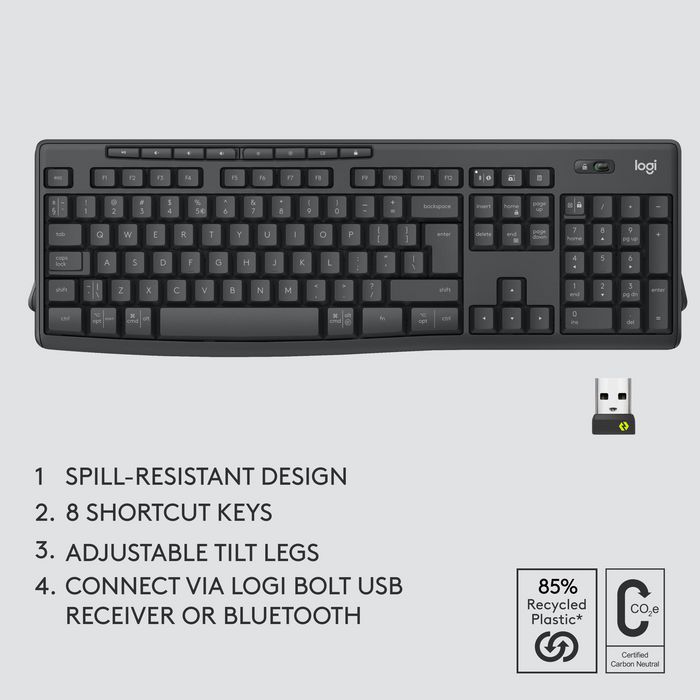 Logitech MK370 - Combo clavier et souris sans fil pour entreprise, clavier résistant aux éclaboussures et souris silencieuse avec connectivité USB/BT