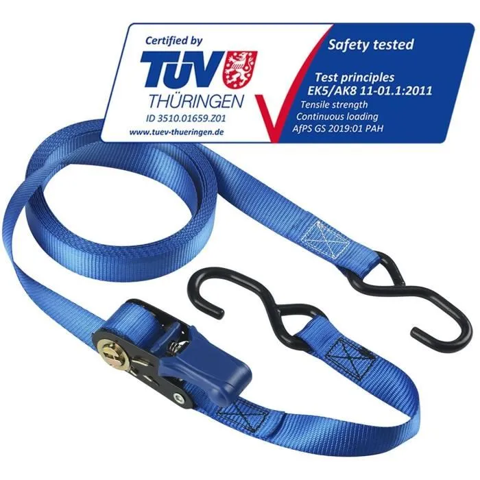 Master Lock 4367EURDAT - Kit de 4 sangles d'arrimage à cliquet, 5m x 25mm, capacité 300kg, avec crochets en S, bleu