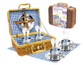 TACHAN Set de Picnic en Panier en Osier avec Motif Vichy Bleu - 4 Sets Complets (Assiettes, Couverts, Tasses, Nappe)
