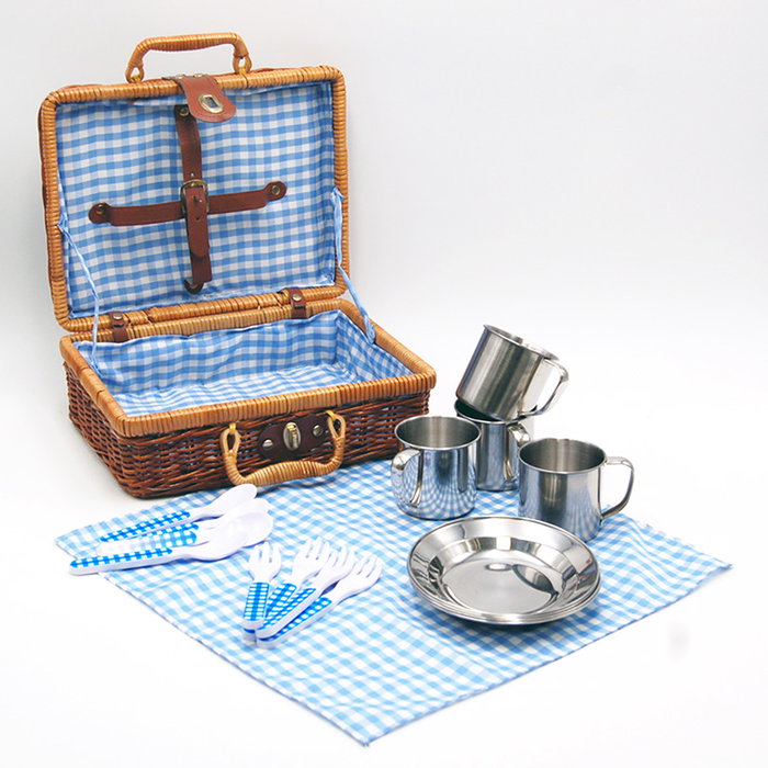 TACHAN Set de Picnic en Panier en Osier avec Motif Vichy Bleu - 4 Sets Complets (Assiettes, Couverts, Tasses, Nappe)