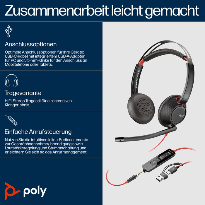 Poly Blackwire 5220 Casque Stéréo USB-C + Jack 3,5 mm avec Adaptateur USB-C/A, Noir