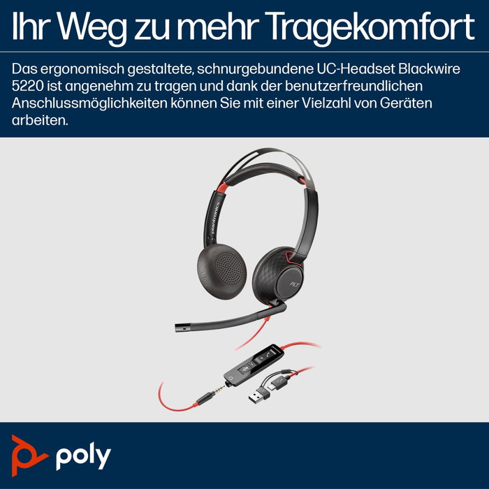 Poly Blackwire 5220 Casque Stéréo USB-C + Jack 3,5 mm avec Adaptateur USB-C/A, Noir