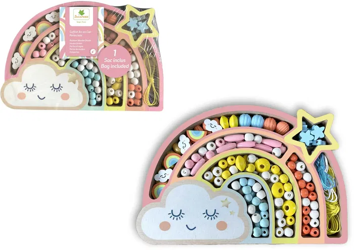 Sycomore - Coffret créatif perles en bois arc-en-ciel - 180 perles, fil et sac - Pour la création de bijoux - Dès 4 ans