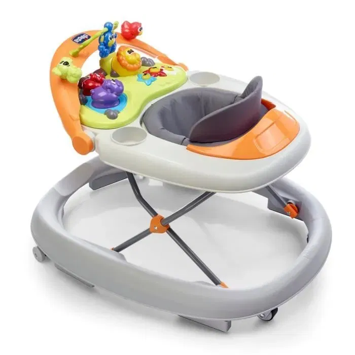 Chicco Trotteur évolutif Walky Talky Grey avec tableau d'éveil électronique jungle 3D, 4 roues dont 2 pivotantes, 6 freins, dossier haut rembourré, réglable 3 hauteurs