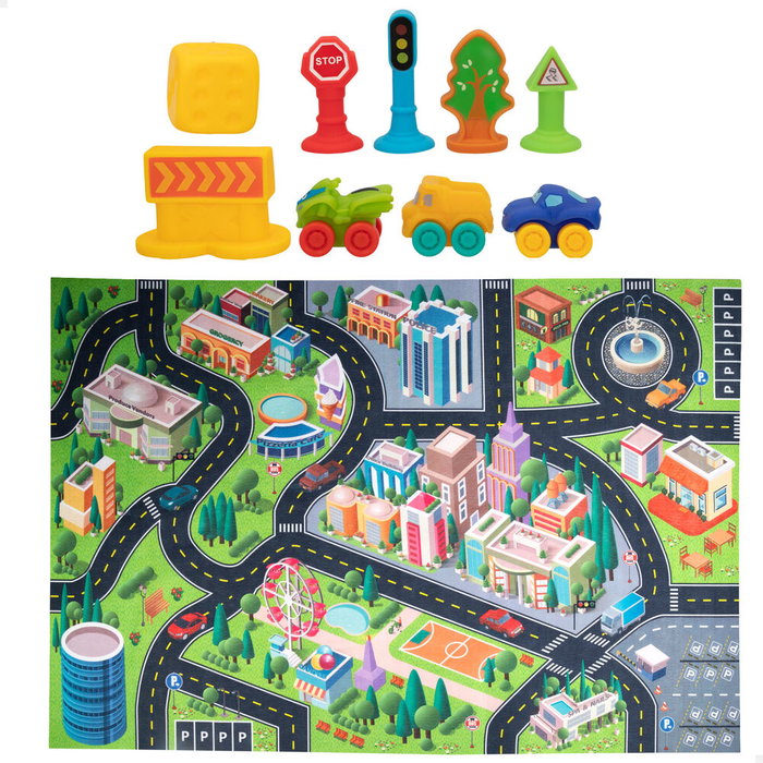 C BABY Alfombra de jeu Ville avec route pour enfants +2 ans, 144x99 cm, inclut 3 voitures, 1 arbre, 1 cube et 4 panneaux de signalisation