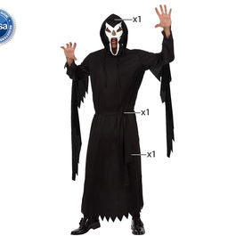 Déguisement Halloween Ténèbres Homme Adulte Noir Masque et Tunique avec Capuche Taille M-L, Composition Polyester