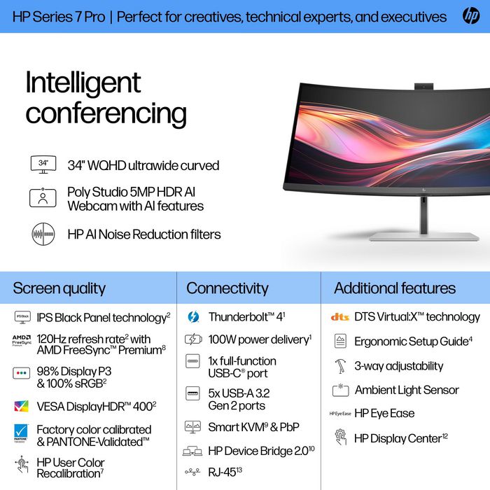 HP Series 7 Pro 734pm - Écran de conférence 34 pouces WQHD avec webcam IA, Thunderbolt 4 et affichage HDR400 IPS Black HP Series 7 Pro 734pm - Écran de conférence 34 pouces WQHD avec webcam IA, Thunderbolt 4 et affichage HDR400 IPS Black