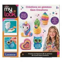 Crazart Lexibook - Kit de création de figurines 3D en pierres précieuses et cristaux irisés (12 couleurs) pour enfants - Inclut licorne, hibou, coeur