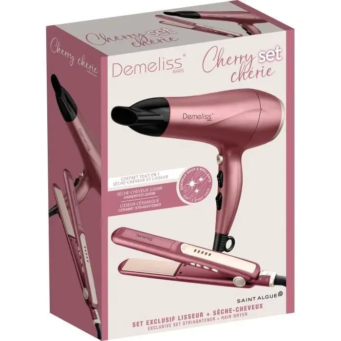 Demeliss Coffret Coiffure avec Sèche-Cheveux 2200 W et Lisseur Céramique, 5 Températures Réglables 120-200°C, Coloris Cherry Chérie
