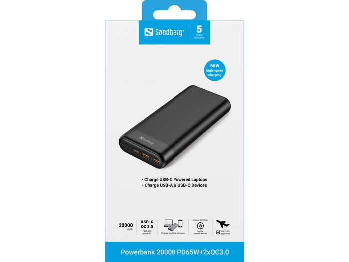Sandberg Powerbank 20000 mAh, PD 65W et QC 3.0, Batterie externe portable pour ordinateurs et téléphones