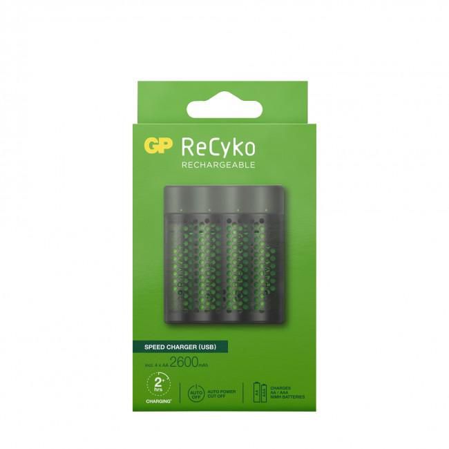 GP ReCyko Speed Charger M451 avec 4 piles AA NiMH 2600mAh - Chargeur rapide intelligent pour piles rechargeables AA/AAA - Noir et Vert