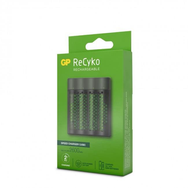 GP ReCyko Speed Charger M451 avec 4 piles AA NiMH 2600mAh - Chargeur rapide intelligent pour piles rechargeables AA/AAA - Noir et Vert
