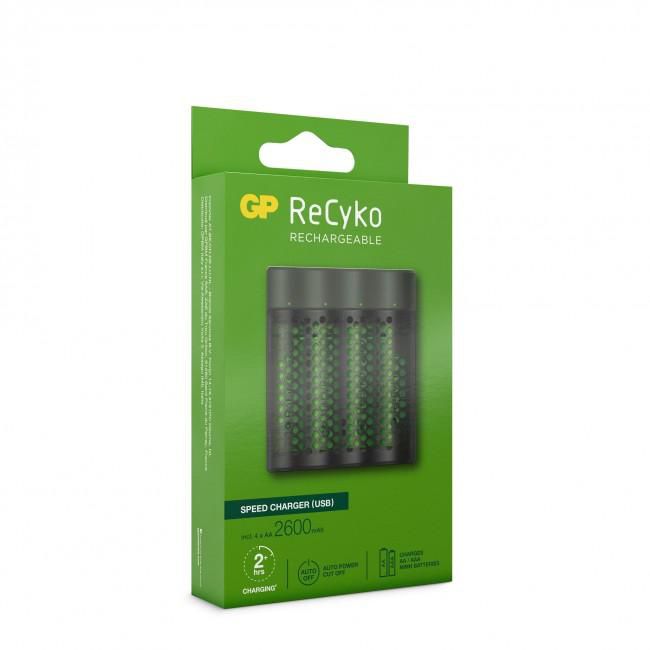 GP ReCyko Speed Charger M451 avec 4 piles AA NiMH 2600mAh - Chargeur rapide intelligent pour piles rechargeables AA/AAA - Noir et Vert