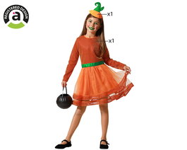 Déguisement Enfant Calabaza - Costume Fille 7-9 Ans Orange avec Robe et Tocado Vert pour Halloween