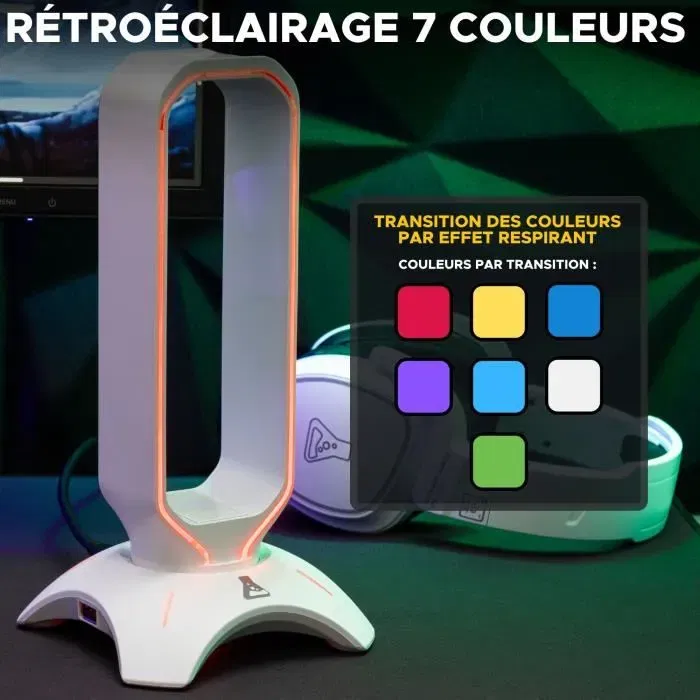 The G-Lab K-STAND RADO - Support pour casque gaming avec rétroéclairage RGB USB 7 couleurs - Blanc