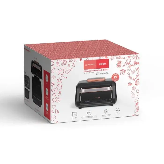 Livoo Friteuse sans huile et grill Marmiton DOC305, 6 L, 1500-1700 W, 2 en 1, 8 programmes, 4 réglages, thermostat 50-230°C, minuterie 2 h Livoo Friteuse sans huile et grill Marmiton DOC305, 6 L, 1500-1700 W, 2 en 1, 8 programmes, 4 réglages, thermostat 50-230°C, minuterie 2 h