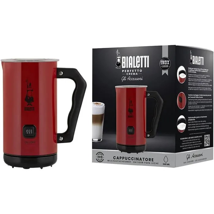 Bialetti Mousseur à lait électrique 300 ml Rouge Modèle MKF02 pour mousse généreuse et veloutée