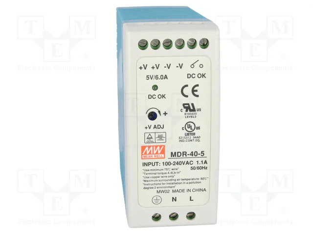 MEAN WELL MDR-40-5 Alimentation à impulsions pour rail DIN 30W 5VDC 6A