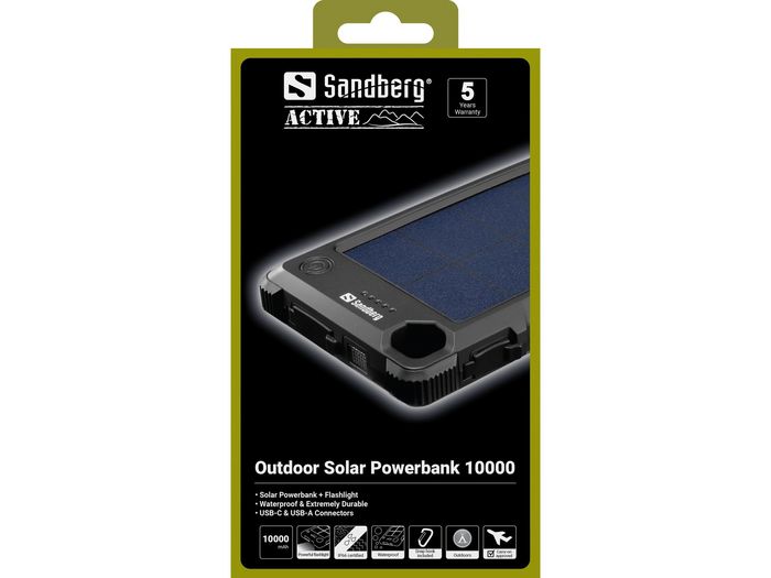 Sandberg - Batterie Externe Solaire Outdoor 10000 mAh - Recharge Solaire, IP66 Étanche et Résistante, avec Ports USB-C et USB-A, Lampe Torche Intégrée Sandberg - Batterie Externe Solaire Outdoor 10000 mAh - Recharge Solaire, IP66 Étanche et Résistante, avec Ports USB-C et USB-A, Lampe Torche Intégrée