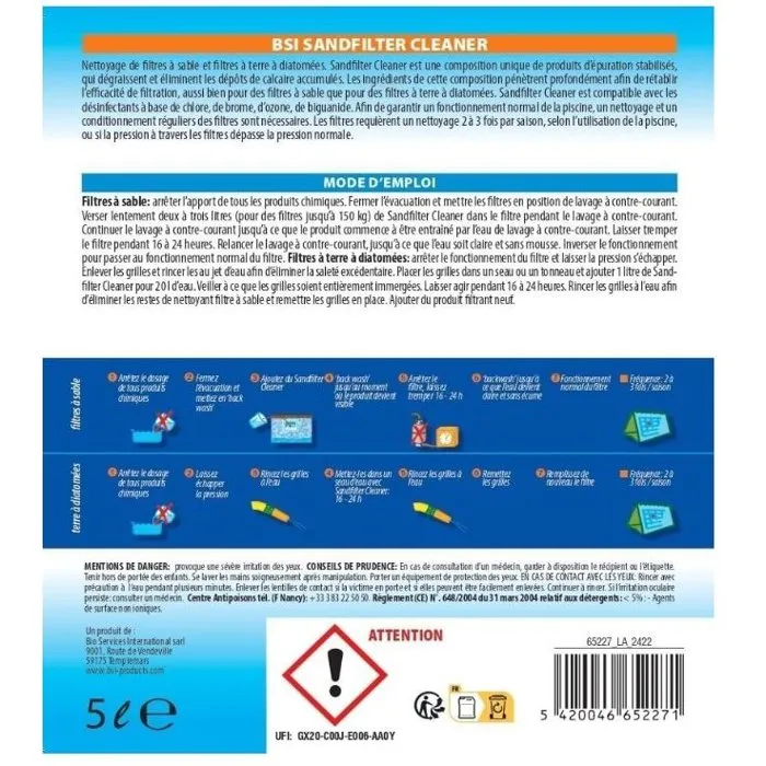 BSI Nettoyant filtre piscine Sand Filter Cleaner 5 L - Filtre à sable - Nettoyage filtration - Entretien piscine
