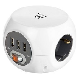 Ewent EW3939 Multiprise Cubique 3 Prises Schuko et 3 Ports USB Blanc