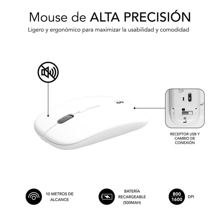 Subblim Dcep10 Combo Clavier et Souris Sans Fil Bluetooth 5.2 RF 2.4G Multidispositif QWERTY Espagnol Argent et Blanc