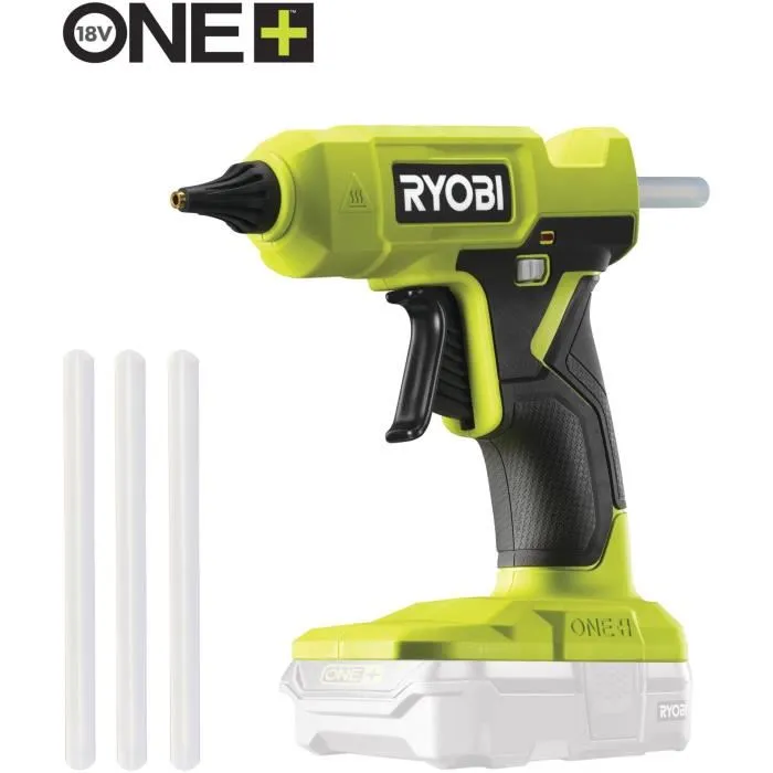 Ryobi Pistolet à colle sans fil 18V ONE+ RGLU18-0 - Chauffe en 3 min, indicateur, diamètre bâtons 12 mm - Avec 3 bâtons de colle
