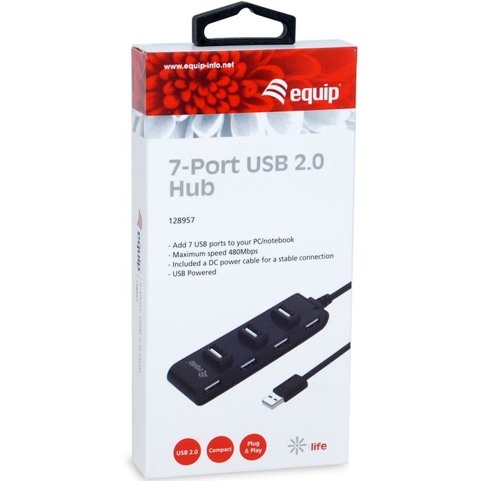 Equip 128957 Hub USB 2.0 7 Ports Noir USB-A - Concentrateur pour PC