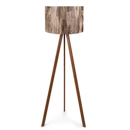 Qinhuangdao-1 Lampe de Sol Trépied en Bois avec Abat-Jour en Tissu Cylindrique - Interrupteur Intégré - Douille E27 (OPV-780SGN3438)