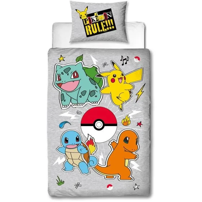 Pokémon - Parure de lit réversible - Pikachu et Starter - Gris - Microfibre - 1 housse de couette 140x200 cm + 1 taie 63x63 cm