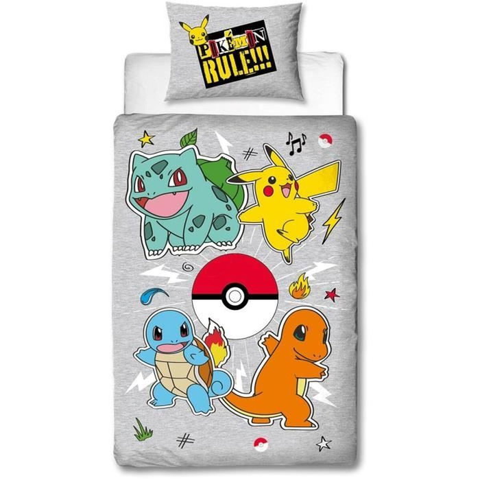 Pokémon Parure de lit réversible Pikachu et Starter - Gris - 2 pièces