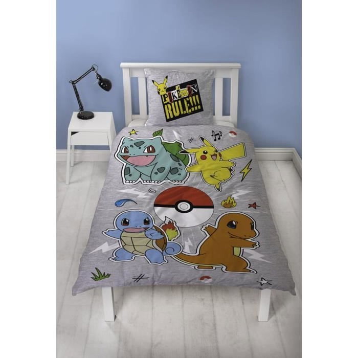 Pokémon Parure de lit réversible Pikachu et Starter - Gris - 2 pièces