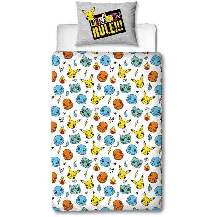 Pokémon Parure de lit réversible Pikachu et Starter - Gris - 2 pièces
