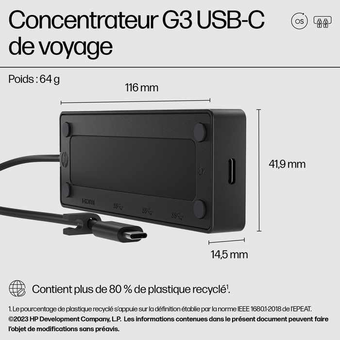 HP Concentrateur USB-C de voyage G3 - Hub avec 2x USB-C, 2x USB-A, HDMI 4K 60Hz - Alimentation pass-through - Compatible PC/Mac HP Concentrateur USB-C de voyage G3 - Hub avec 2x USB-C, 2x USB-A, HDMI 4K 60Hz - Alimentation pass-through - Compatible PC/Mac