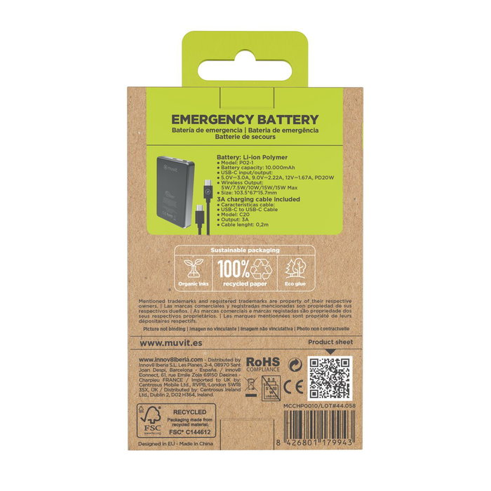 Powerbank Muvit for Change MCCHP0010 Noir Aluminium 10000 mAh