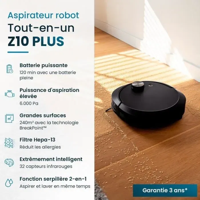Robot aspirateur laveur EZICLEAN All-in-one Z10 Plus connecté avec station auto-vidage - Autonomie 240 min - Aspiration 6000pa - Pour 180 m² - Réservoir 1.5L Robot aspirateur laveur EZICLEAN All-in-one Z10 Plus connecté avec station auto-vidage - Autonomie 240 min - Aspiration 6000pa - Pour 180 m² - Réservoir 1.5L