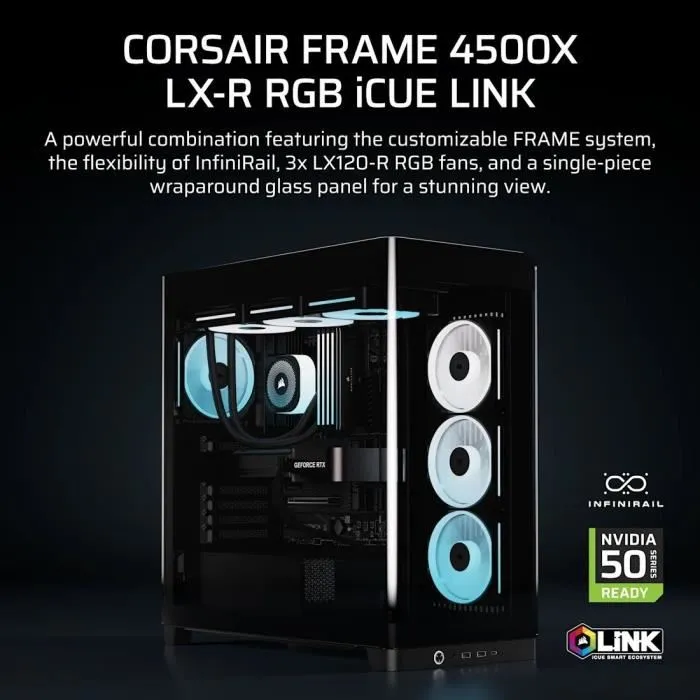 Corsair FRAME 4500X LX-R - Boîtier PC Gamer Mid-Tower en Verre Trempé, Modularité FRAME, Ventilateurs RGB Inversés, Support 2 Radiateurs 360 mm - Noir