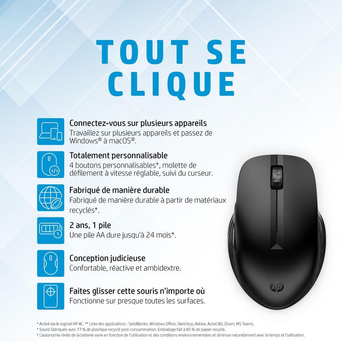 HP 435 Souris sans fil multi-appareils avec capteur multi-surface et autonomie 24 mois - Conception ergonomique pour gaucher et droitier
