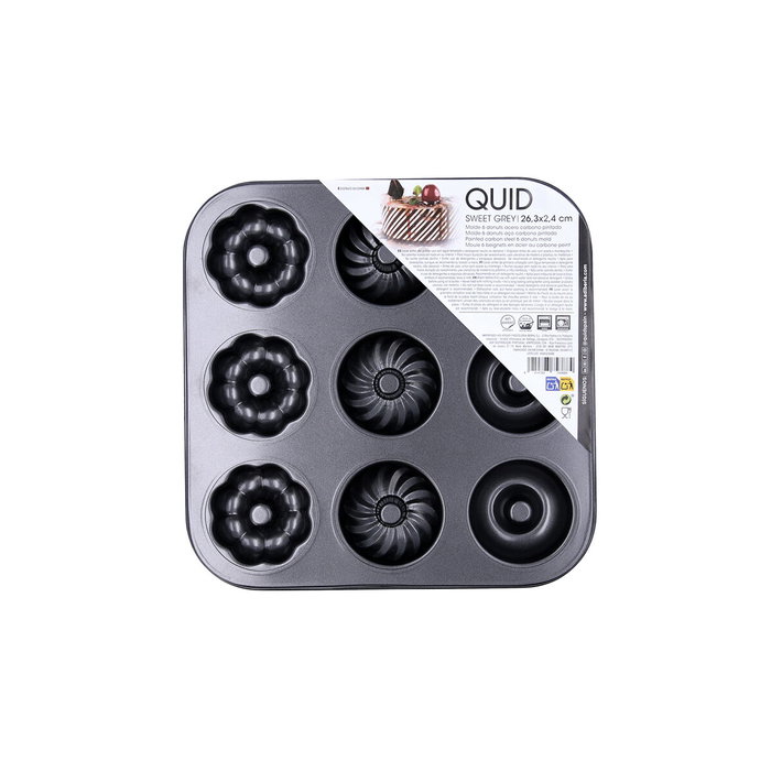 Quid Molde para 9 Donuts Sweet Grey Acero Carbono Antiadherente Gris 26.3x26.3x2.4 cm (12 Unidades)