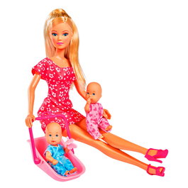 STEFFI Love Baby Sitter - Poupée blonde avec 2 bébés, sac kangourou et accessoires (poussette, biberons) - Jouet éducatif - Réf. 5730211 Simba