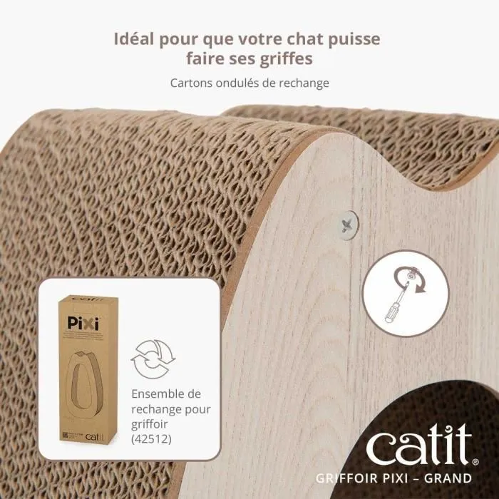 Catit PIXI Grand griffoir pour chat en chêne naturel avec balle en tissu et plumes, en MDF avec carton ondulé remplaçable