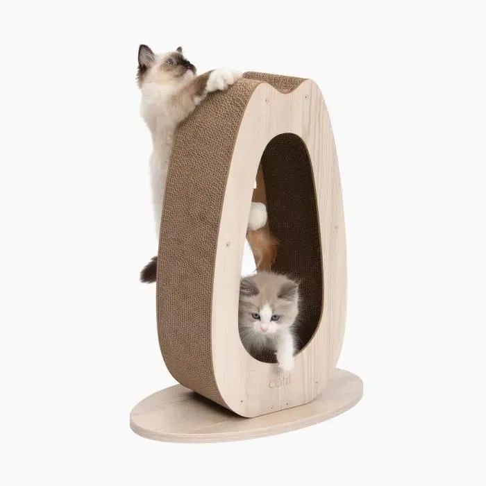 Catit PIXI Grand griffoir pour chat en chêne naturel avec balle en tissu et plumes, en MDF avec carton ondulé remplaçable