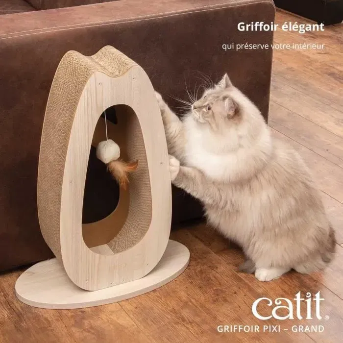 Catit PIXI Grand griffoir pour chat en chêne naturel avec balle en tissu et plumes, en MDF avec carton ondulé remplaçable
