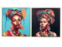 Giftdecor Tableau Toile Cadre Or Foulard Ethnique Assortis 60x60 cm - MDF, Plastique, Tissu - Bleu, Marron, Noir, Orange (Set de 2)