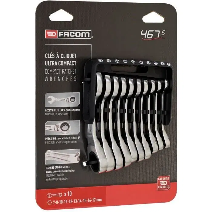 Facom 467BS.JP10PB - Jeu de 10 clés mixtes courtes à cliquet - 7 à 17 mm - Mécanisme 5° - Étui portatif
