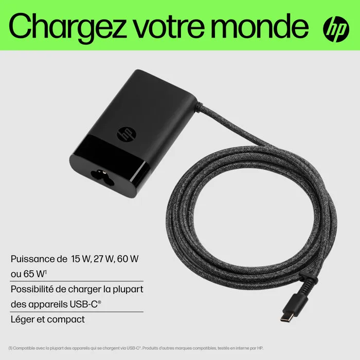 HP - Chargeur secteur USB-C 65 W, chargeur compact pour ordinateur portable, tablette et smartphone compatible USB-C HP - Chargeur secteur USB-C 65 W, chargeur compact pour ordinateur portable, tablette et smartphone compatible USB-C