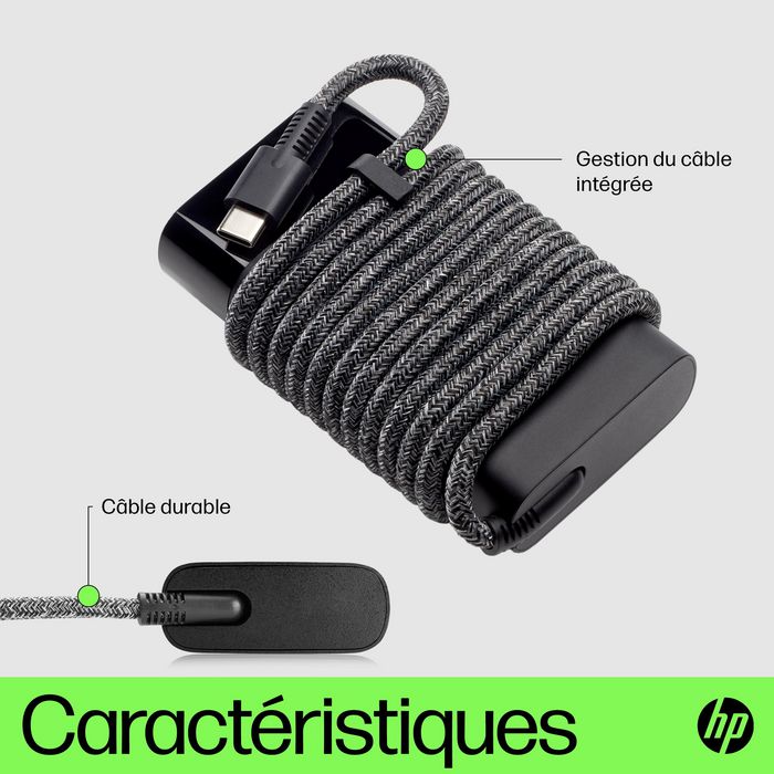 HP Chargeur secteur USB-C 65 W pour ordinateur portable, tablette et téléphone - Compact et universel avec câble