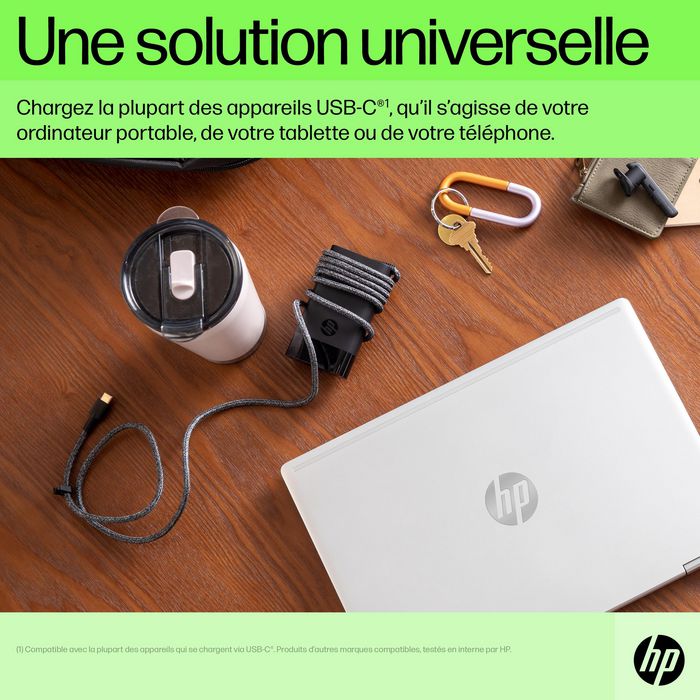 HP Chargeur secteur USB-C 65 W pour ordinateur portable, tablette et téléphone - Compact et universel avec câble